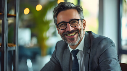 Fototapeta premium Smiling Mature Business Man Crypto Broker, Financial Investor, Trader, or Expert Adviser at Work. Portrait. Digital Trade Finance Exchange Market, Asset Management, Stock Funds Investment Analysis