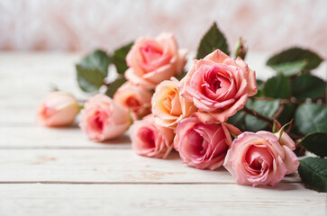 pink roses on wooden background, rose flower background. Valentine's day or mother day holiday concept