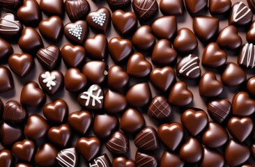 Fototapeta premium Chocolates in the form of a heart. Lots of sweets. The background is made of chocolate.