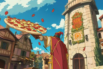 Sultan Pepperoni the First, notorious for his fiery temper and obsession with pizza, accidentally launches a catapult full of pepperoni slices at a neighboring kingdom during a peace negotiation - obrazy, fototapety, plakaty
