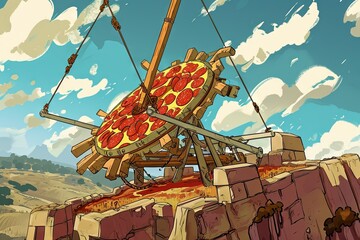 Sultan Pepperoni the First, notorious for his fiery temper and obsession with pizza, accidentally launches a catapult full of pepperoni slices at a neighboring kingdom during a peace negotiation - obrazy, fototapety, plakaty