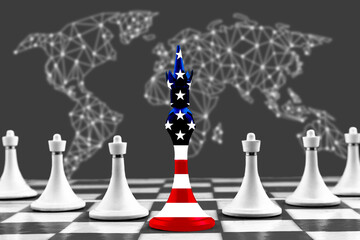 Chess piece King in the colors of the American flag with white pawns on a chessboard on the background of the world map, the concept of join us.
