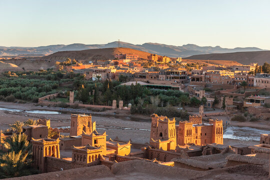 View of Ait Benhaddou, a small town on the High Atlas mountain, historic Ighrem or Ksar between the Sahara desert and Marrakech, Ouarzazate, Central Morocco.