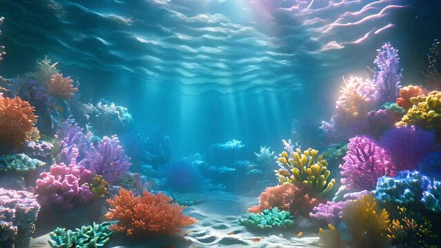 Blue ocean underwater world with beautiful sunlight shining. Blue Water Tropical Reef. Tropical underwater sea fish. Colorful tropical coral reef. Scene reef. Marine life sea world. Underwater fish re
