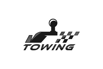 Emergency evacuation service towbar logo, with checkered flag symbol.