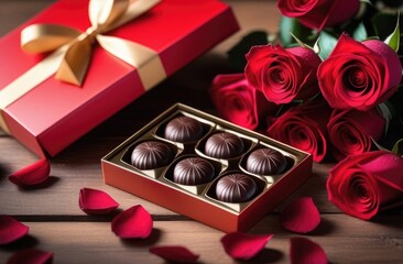 Chocolates in a festive red box on the table. There are red roses nearby. A postcard for Valentine's Day, March 8th, wedding. A greeting holiday card.