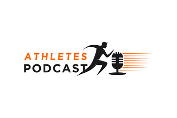 Athlete podcast logo design, speed runner and microphone icon symbol illustration.