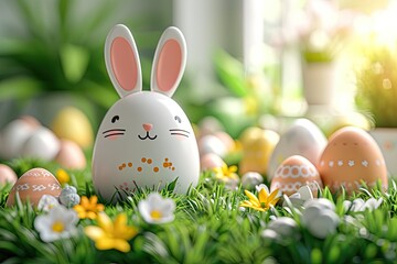 Easter decorative 3d background with funny bunny and eggs on grass - obrazy, fototapety, plakaty