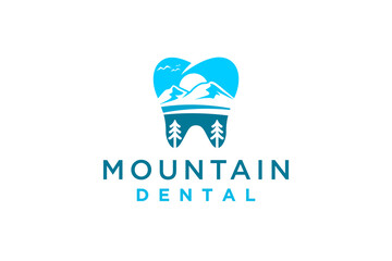 Fototapeta premium Dentist clinic logo in the countryside, with elements of mountains and pine trees, with sunset view.