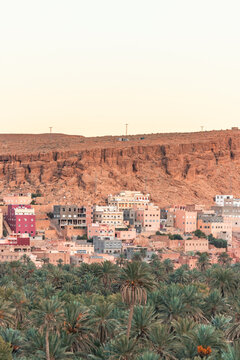 View of the Palmeraie de Tinghir, a valley with palm trees near Ait Ismene village at sunset, Tinghir, Morocco.