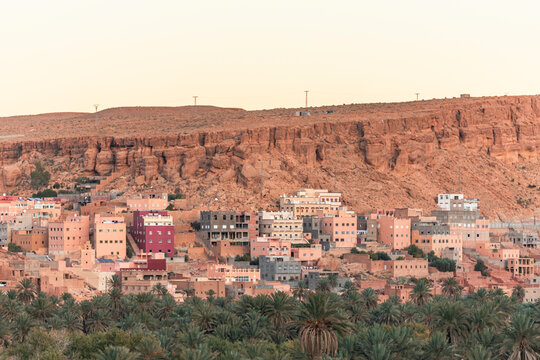 View of the Palmeraie de Tinghir, a valley with palm trees near Ait Ismene village at sunset, Tinghir, Morocco.