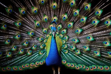 Portrait of beautiful peacock with feathers out. Colorful background, An elegant peacock displaying its vibrant feathers, AI Generated