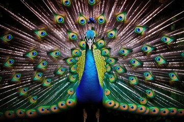 Portrait of beautiful peacock with feathers out. Pavo cristatus, An elegant peacock displaying its vibrant feathers, AI Generated
