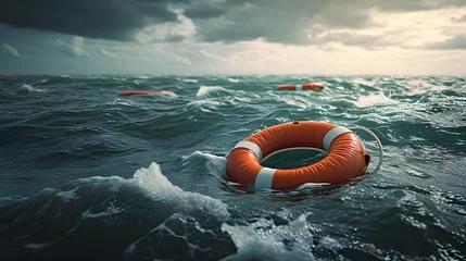 Poster Lifebuoy floating on sea in storm weather © john