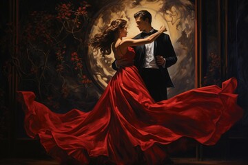 Painting of Man and Woman Dancing, Graceful Movement and Elegance Captured in Art, A woman in a red dress dancing with a man in a moonlit ballroom, AI Generated