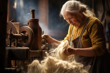An older woman sits at a spinning machine, skillfully working with the spinning wheel in a traditional workshop, A woman spinning organic wool into yarn, AI Generated - obrazy, fototapety, plakaty