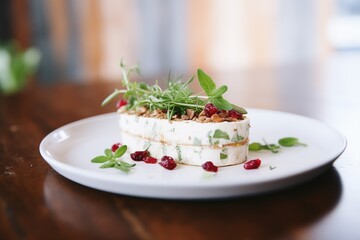 aged goat cheese log with cranberries and mint leaves - obrazy, fototapety, plakaty