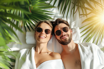 Couple relaxing at spa with sunglasses