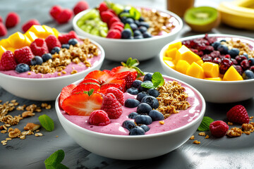 Fresh fruit smoothie bowls with nuts