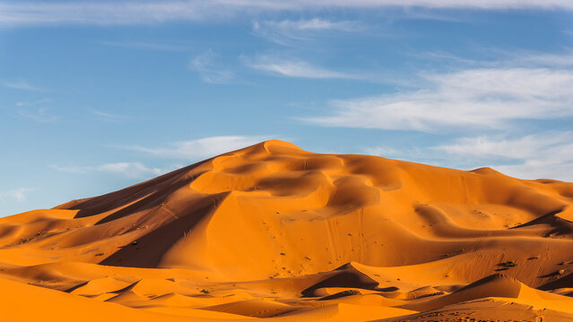 View of the Sahara desert sand dunes in Merzouga desert, Morocco.