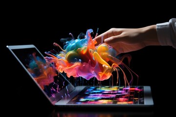 A person is seen using a laptop computer with a screen covered in colorful paint, Abstract expression of touch screen technology using vibrant colors, AI Generated