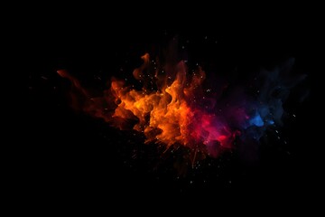 Colorful particles effect dust debris isolated on black background, motion powder spray burst in dark texture. - obrazy, fototapety, plakaty