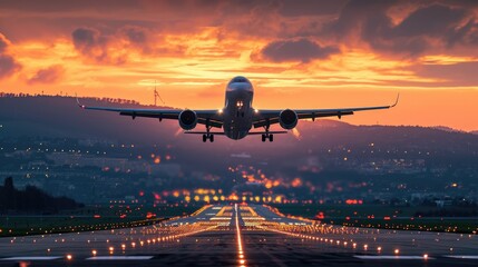 A plane taking off from an airport with beautiful landscape in sunset - obrazy, fototapety, plakaty