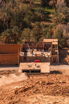 View of berber villages near the Palmeraie, a valley with palm trees along the Ziz Valley with canyon near Errachidia, Morocco.