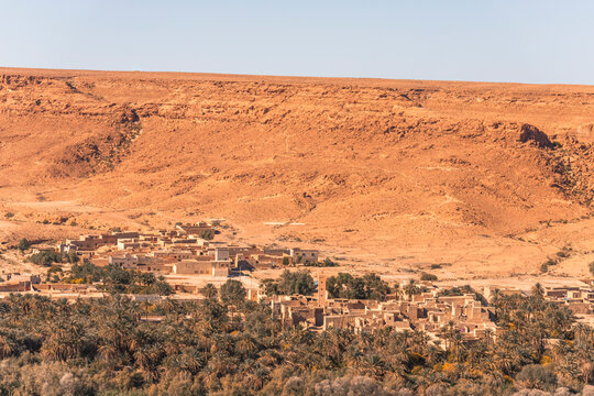View of the Palmeraie, a valley with palm trees along the Ziz Valley with canyon near Errachidia, Morocco.