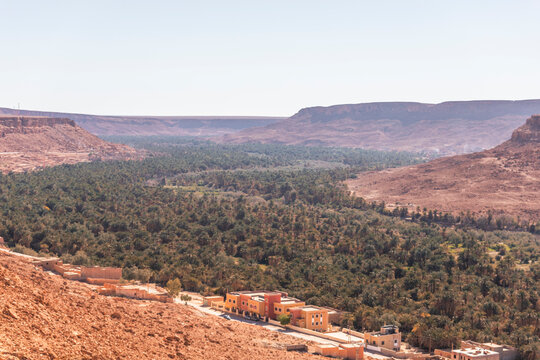 View of the Palmeraie, a valley with palm trees along the Ziz Valley with canyon near Errachidia, Morocco.