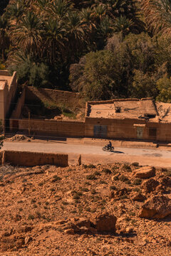 View of berber villages near the Palmeraie, a valley with palm trees along the Ziz Valley with canyon near Errachidia, Morocco.