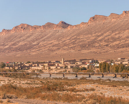 View of a small village along the river along the Ziz Valley with canyon near Errachidia, Morocco.