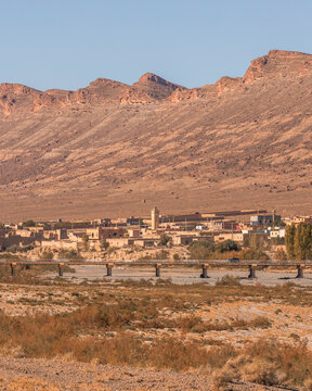 View of a small village along the river along the Ziz Valley with canyon near Errachidia, Morocco.