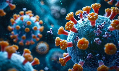 Fototapeta na wymiar Microscopic magnification revealing bacteria and virus cells, a representation of pathogens like COVID-19 in a biological research setting