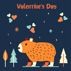 vector illustration of valentine's day, capybaroo, animal, forest, rain, sun, flowers, heart