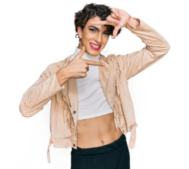 Handsome man wearing make up and woman clothes smiling making frame with hands and fingers with happy face. creativity and photography concept.