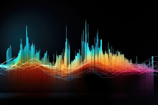 An energetic and dynamic sound wave with a burst of vivid colors against a sleek black backdrop, Abstract representation of a fluctuating stock market graph, AI Generated