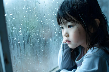 A sad Asian girl sitting at the window watching the rains and waiting for parents to come home. Alone child.