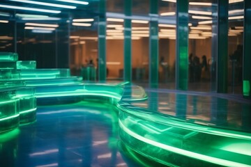 interior of a building, neon light, glass walls