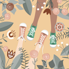 Doodle flowers and girl friends legs in sneakers. Spring or Summer friendship background for banner, poster, card, invitation and scrapbook. Vector illustration.