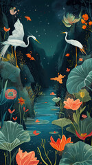 grungy noise texture art, white egret bird at lotus pond , whimsical fantasy fairytale contemporary creative illustration, 9:16 ratio vertical, Generative Ai