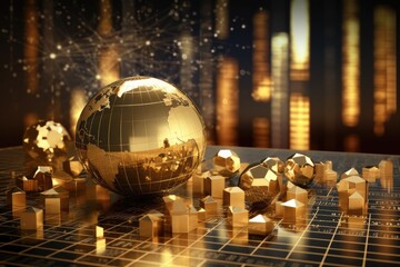 Fototapeta premium A gleaming golden globe, representing excellence and global recognition, rests upon a sturdy metal table, Abstract representation of global finance, AI Generated