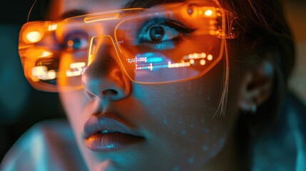 woman wearing high technology glasses with Data line icon on eyeglasses