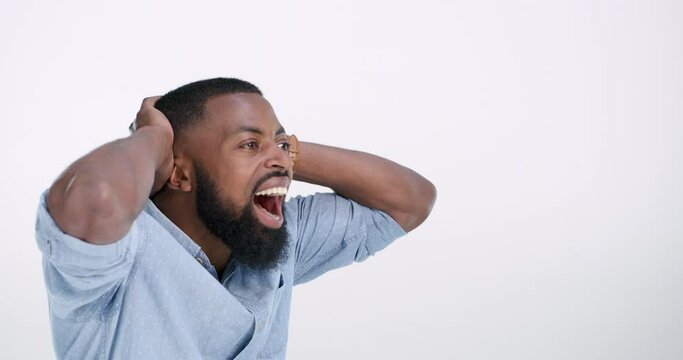 Wow, surprise and black man in studio with drama, gossip or shocking news on white background. Omg, profile and African male model with mind blown emoji for announcement, secret or unexpected info