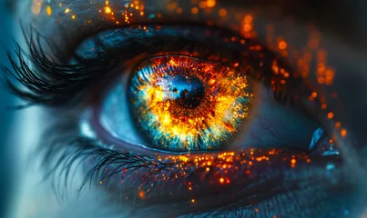 Foto op Canvas Close-up of a human eye with a fiery, burning iris symbolizing intensity, passion, or a powerful vision © Bartek