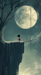 Fotobehang grungy noise texture art,  a kid at cliff edge with full moon light, whimsical fantasy fairytale contemporary creative illustration, 9:16 ratio vertical, Generative Ai © QuietWord