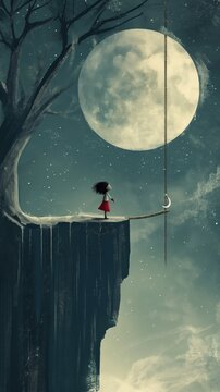 grungy noise texture art,  a kid at cliff edge with full moon light, whimsical fantasy fairytale contemporary creative illustration, 9:16 ratio vertical, Generative Ai