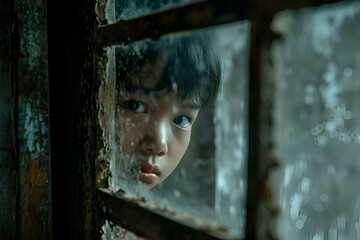 Thai kid in abandoned house building. Lonely kid. Alone kid. 