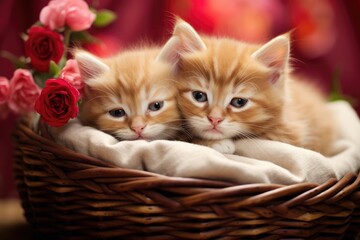 Fototapeta na wymiar Two adorable kittens find comfort in a basket as they sit surrounded by beautiful roses, creating a heartwarming scene, Adorable kittens cuddling in a heart-shaped basket, AI Generated
