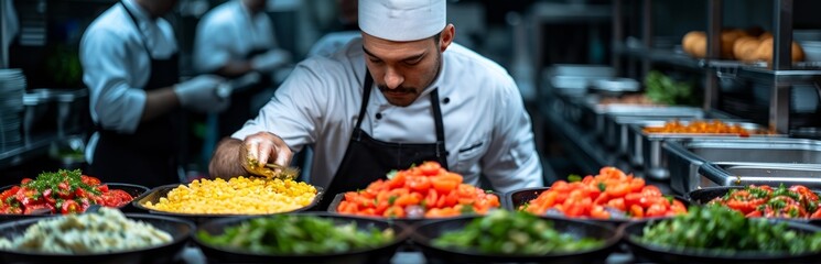 A buffet worker at a hotel with a halal kitchen buffet wearing protective gloves prepares a variety of salads and side dishes, placing the ingredients in large black containers. Concept: catering  - obrazy, fototapety, plakaty